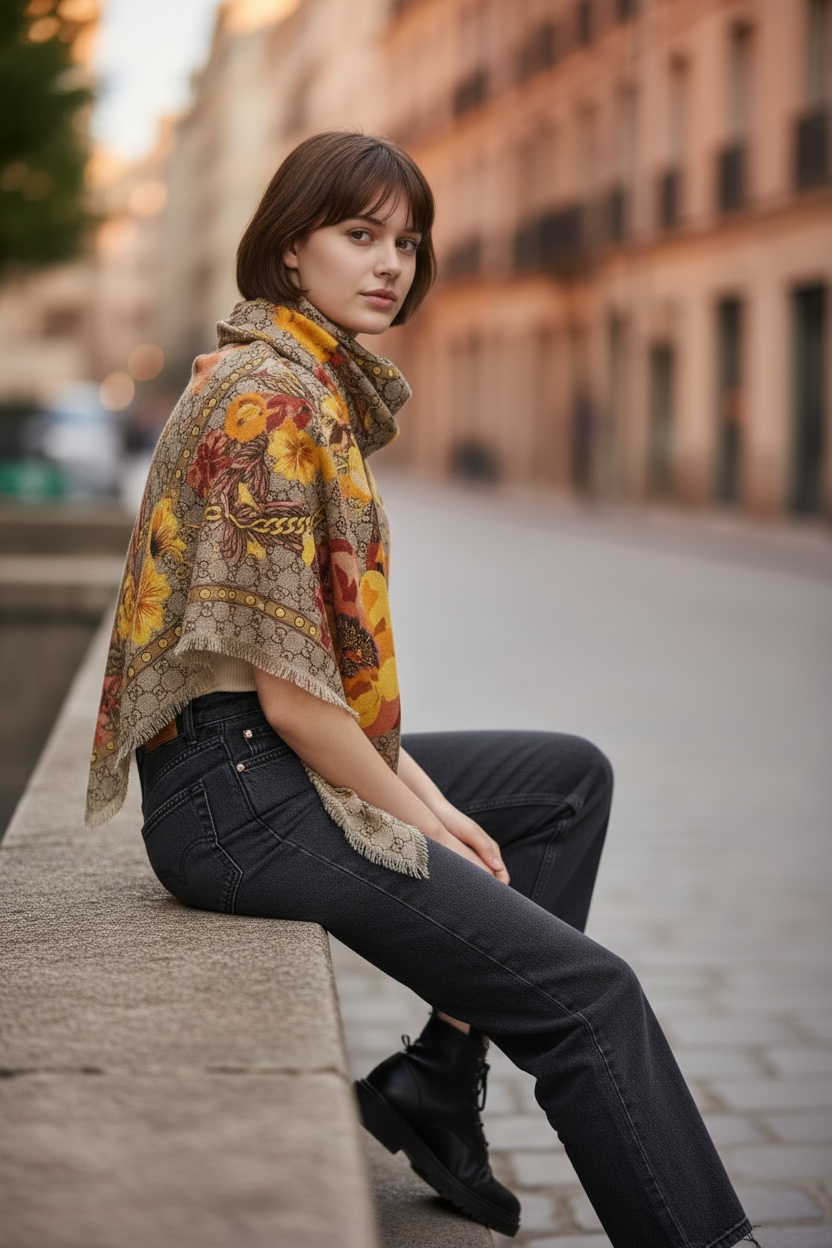 Gucci grey scarf with logo weave and sunflower floral print