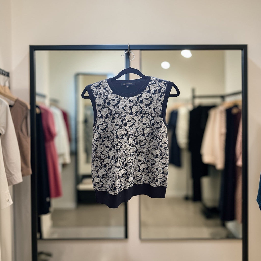 Brooks Brothers Floral Jacquard Knit Shell Top in Navy