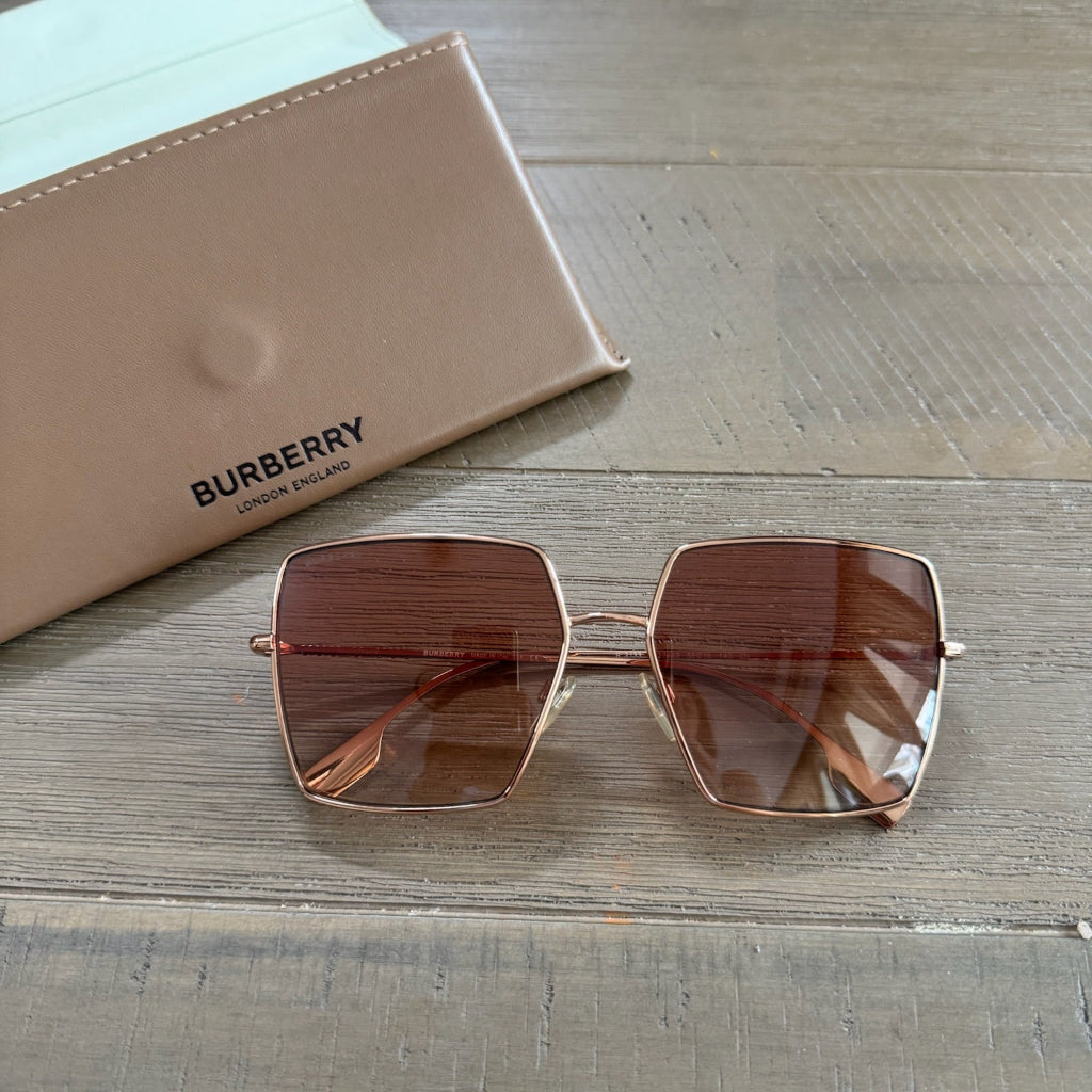 Burberry brown tinted hexagonal sunglasses with rose gold frames