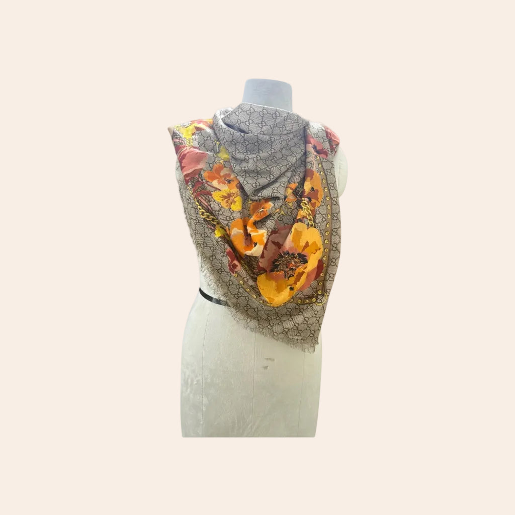 Gucci grey scarf with logo weave and sunflower floral print