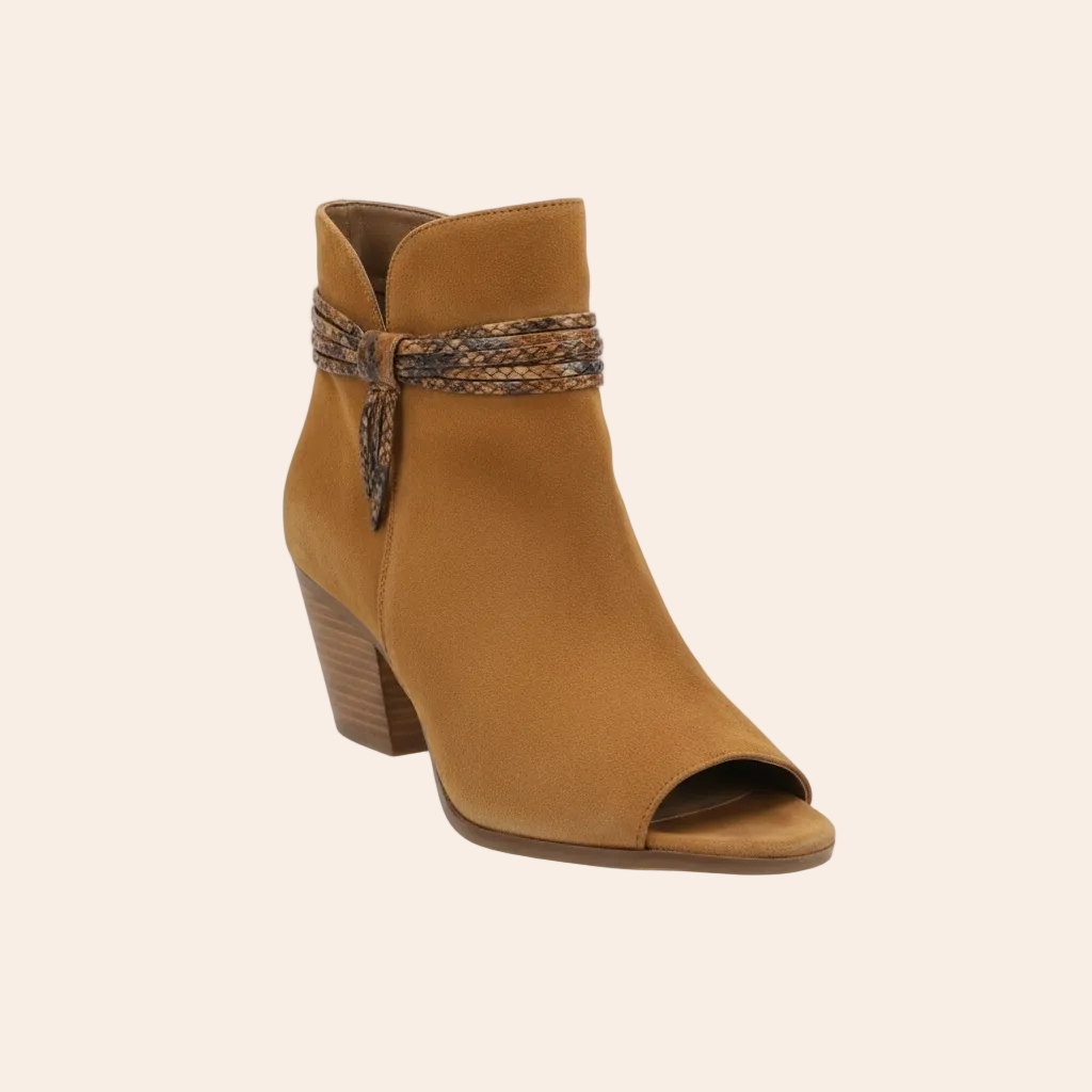 Vince Camuto Annavay ankle boots in a tobacco brown suede featuring a peep toe and braided strap detail.