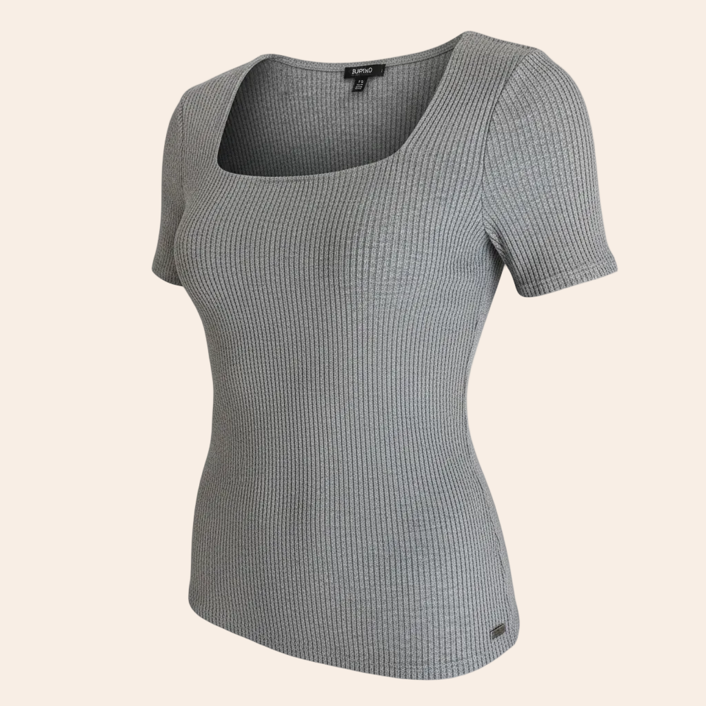 gray Buffalo ribbed square neck short-sleeve top.