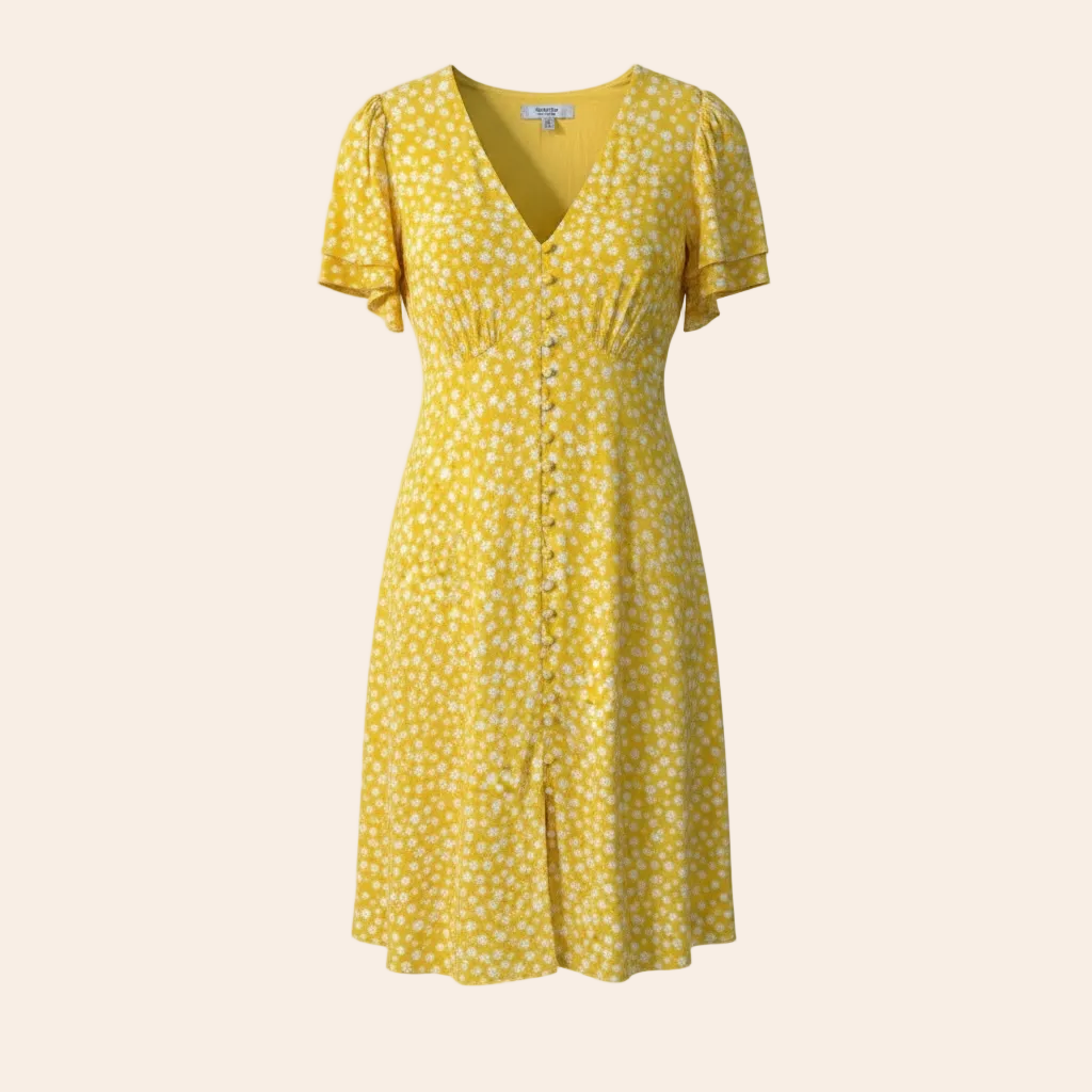 Yellow floral button-front mini dress with short flutter sleeves.