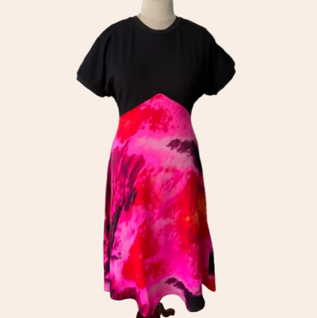 DKNY mixed media satin midi dress in black and shocking pink