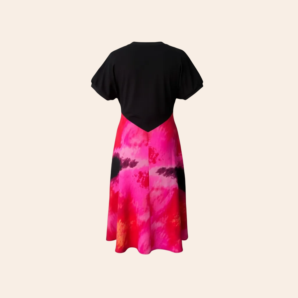 DKNY mixed media satin midi dress featuring a black bodice and a shocking pink multi printed skirt.