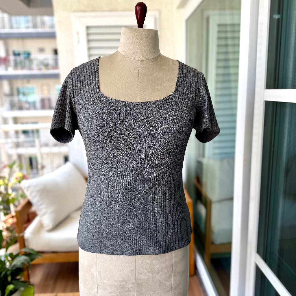 Tommy Hilfiger shimmering ribbed short-sleeve sweater in black metallic