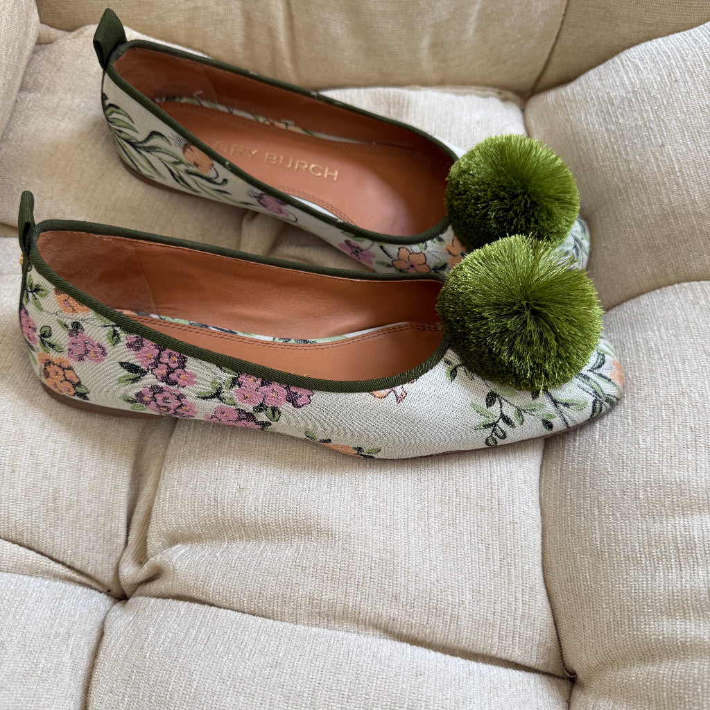Tory Burch Pom Pom ballet flats in winter sage brocade