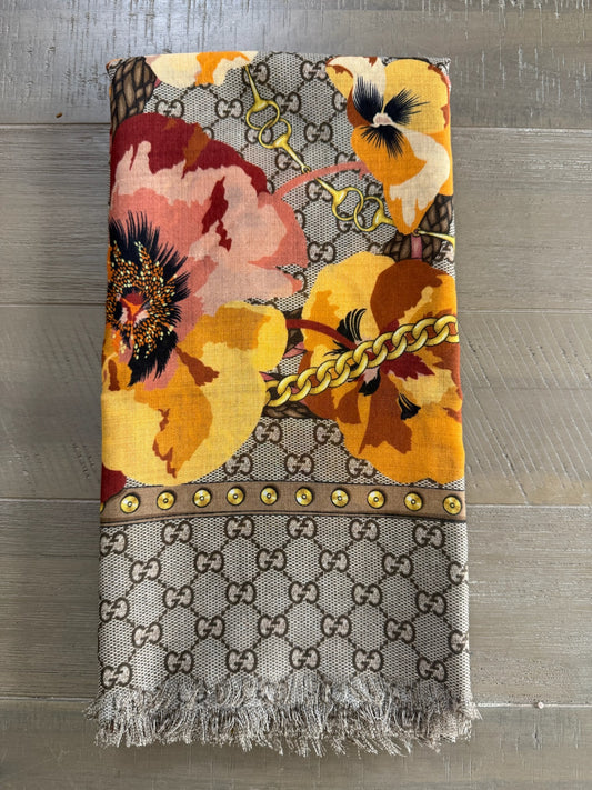 Gucci grey scarf with logo weave and sunflower floral print