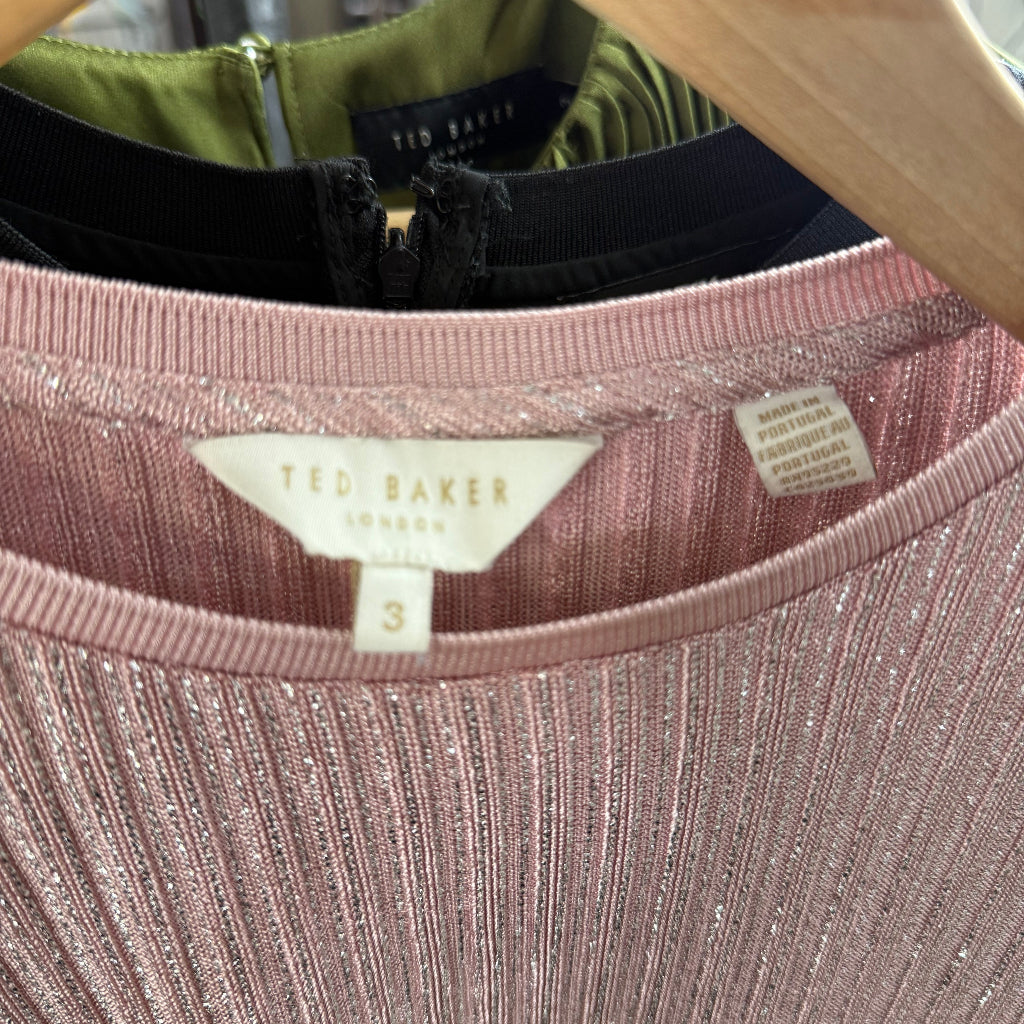 Ted Baker pink Catrino metallic ribbed knit fitted top