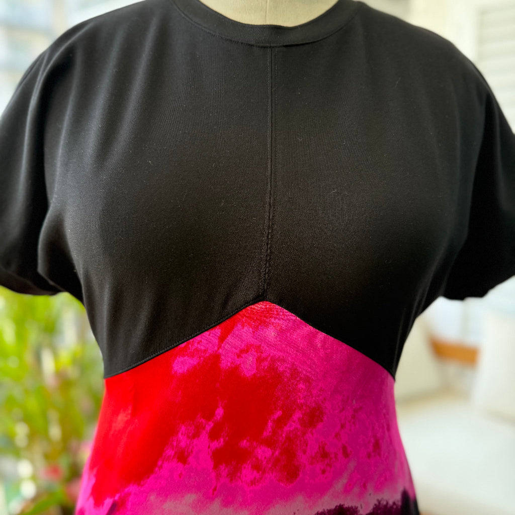 DKNY black and shocking pink mixed media midi dress.