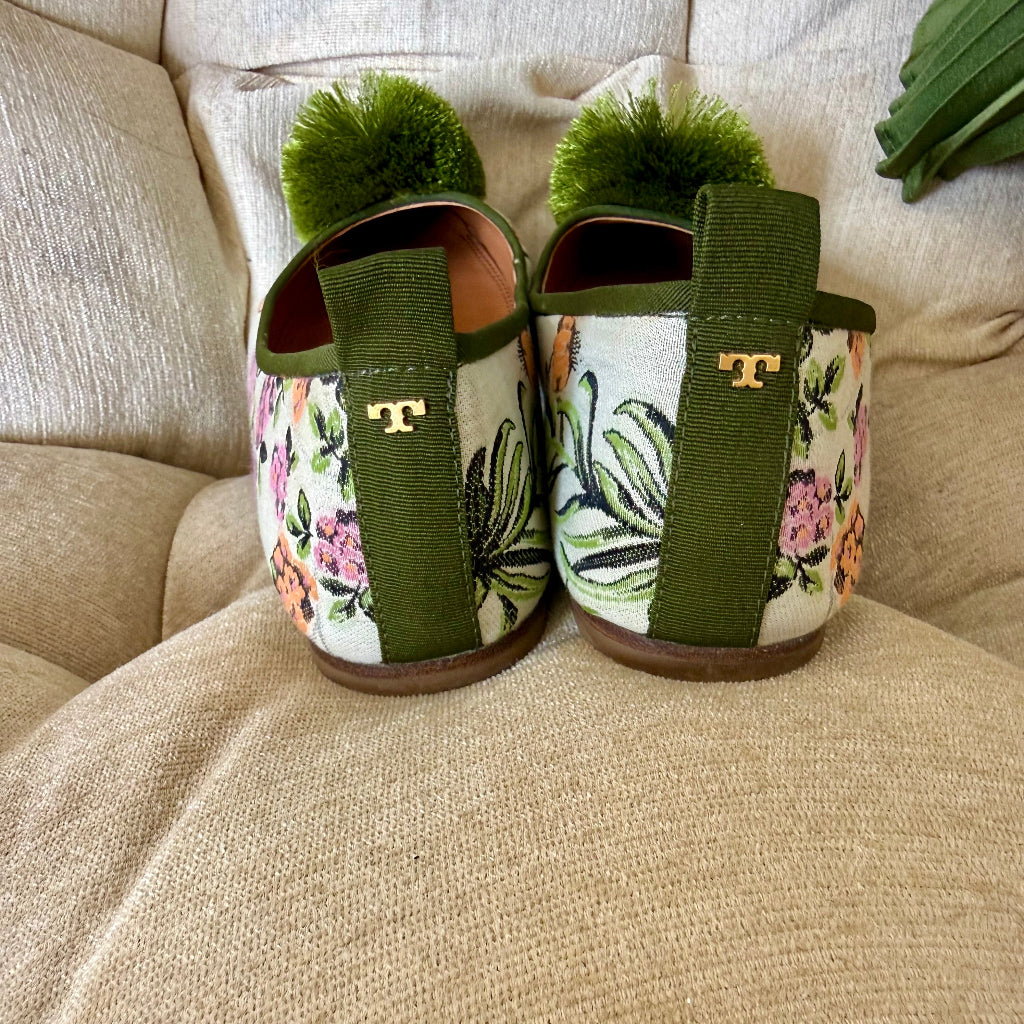 Tory Burch Pom Pom ballet flats in winter sage brocade