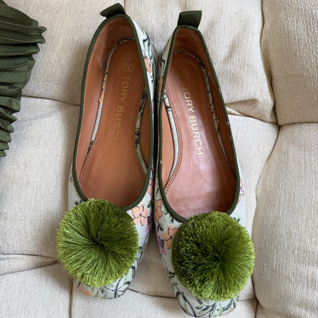 Tory Burch Pom Pom ballet flats in winter sage brocade