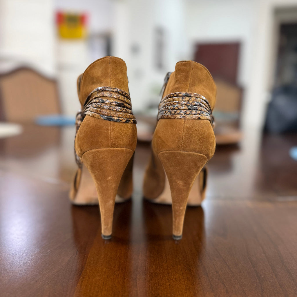 Vince Camuto "Annavay" suede peep-toe ankle booties in a tobacco brown