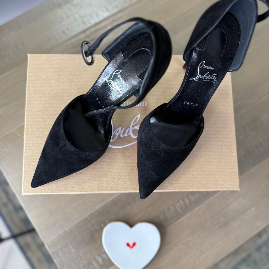 Christian Louboutin Astrida Bride 100 Black Suede Ankle Pump Shoes.