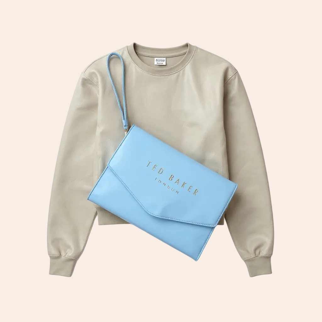 Ted Baker Crinkie crinkle effect faux leather envelope clutch bag in mid-blue.