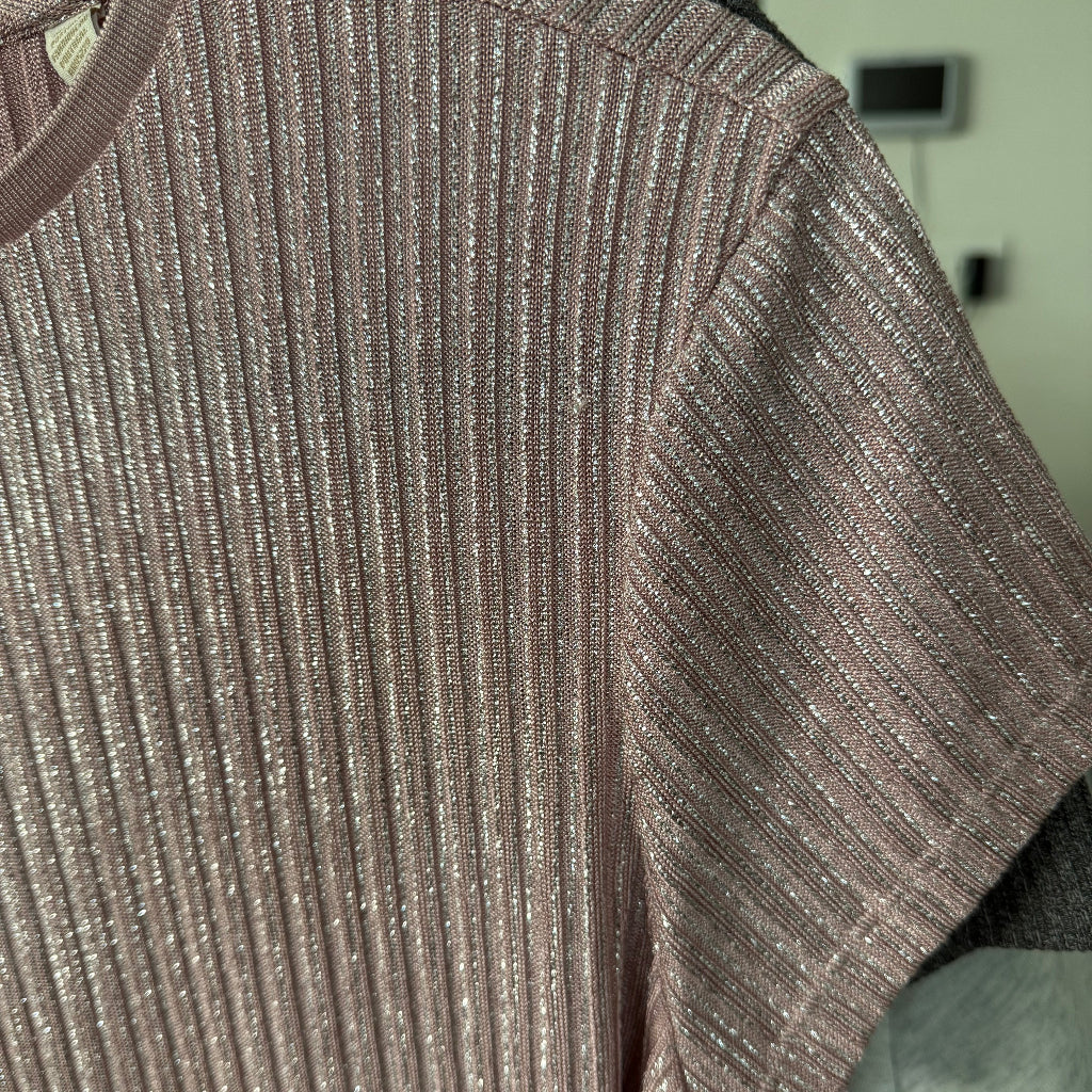 Ted Baker shimmery ribbed knit t-shirt in a rose gold or pink color.