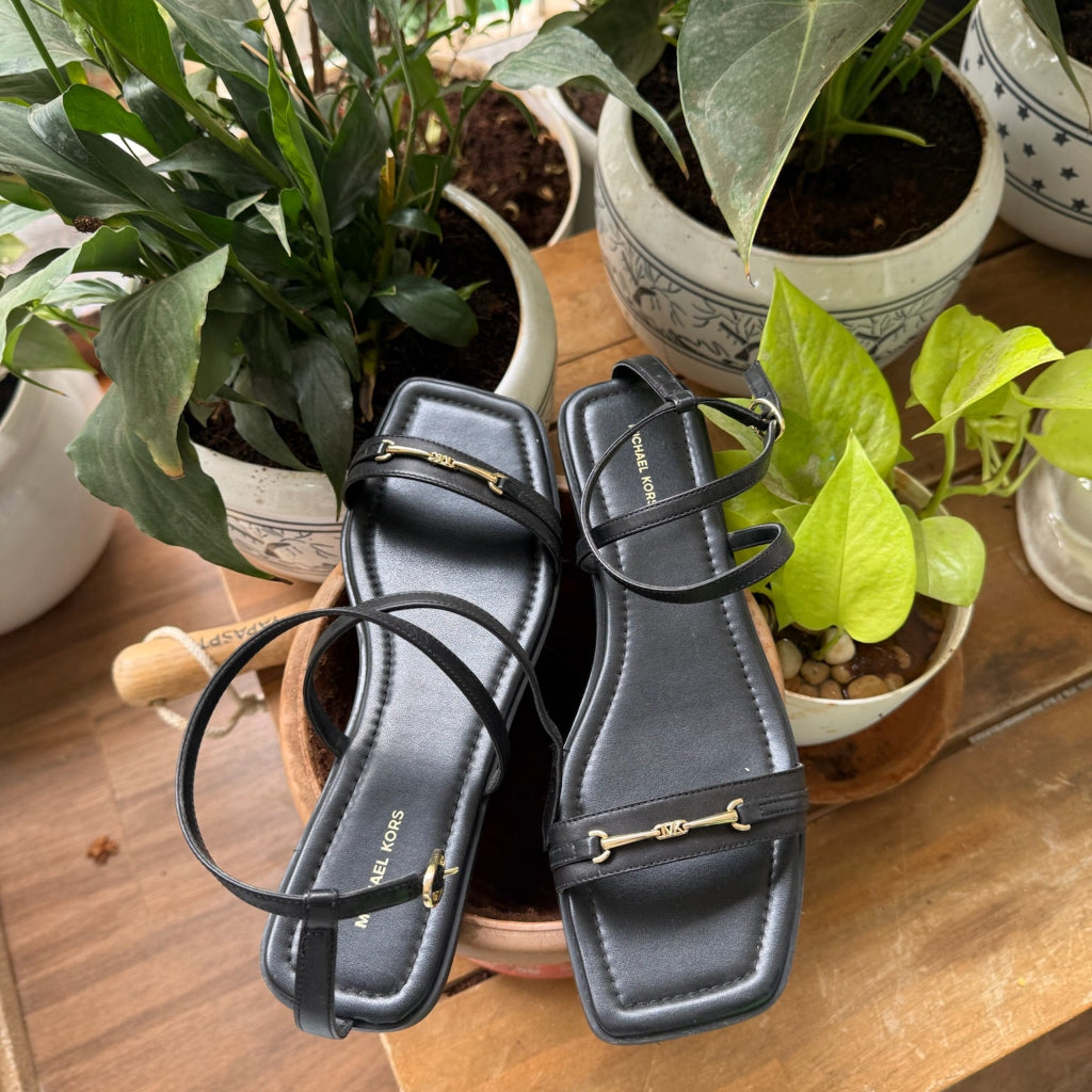 MK Logo Square-Toe Flat Sandals