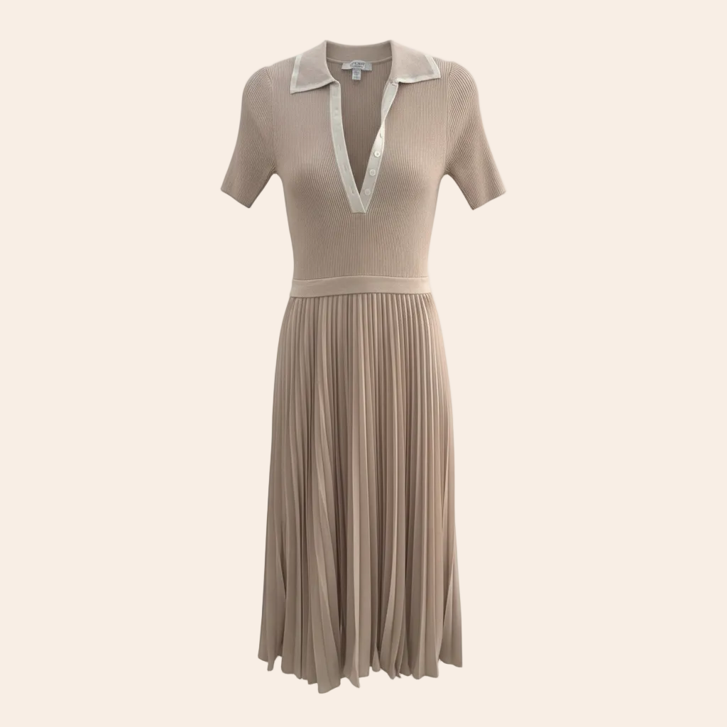 Evernew Polo Collar Pleated Midi Dress in Taupe