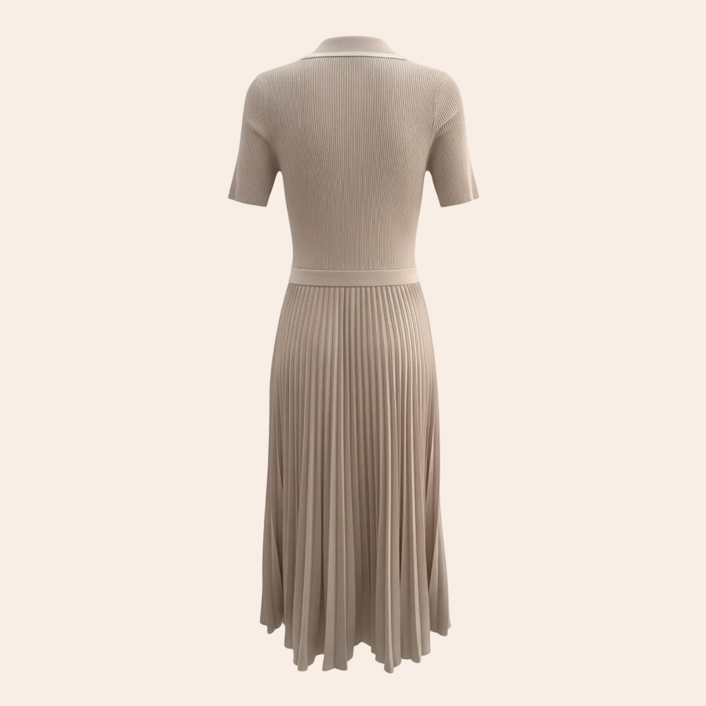 Evernew Polo Collar Pleated Midi Dress in Taupe