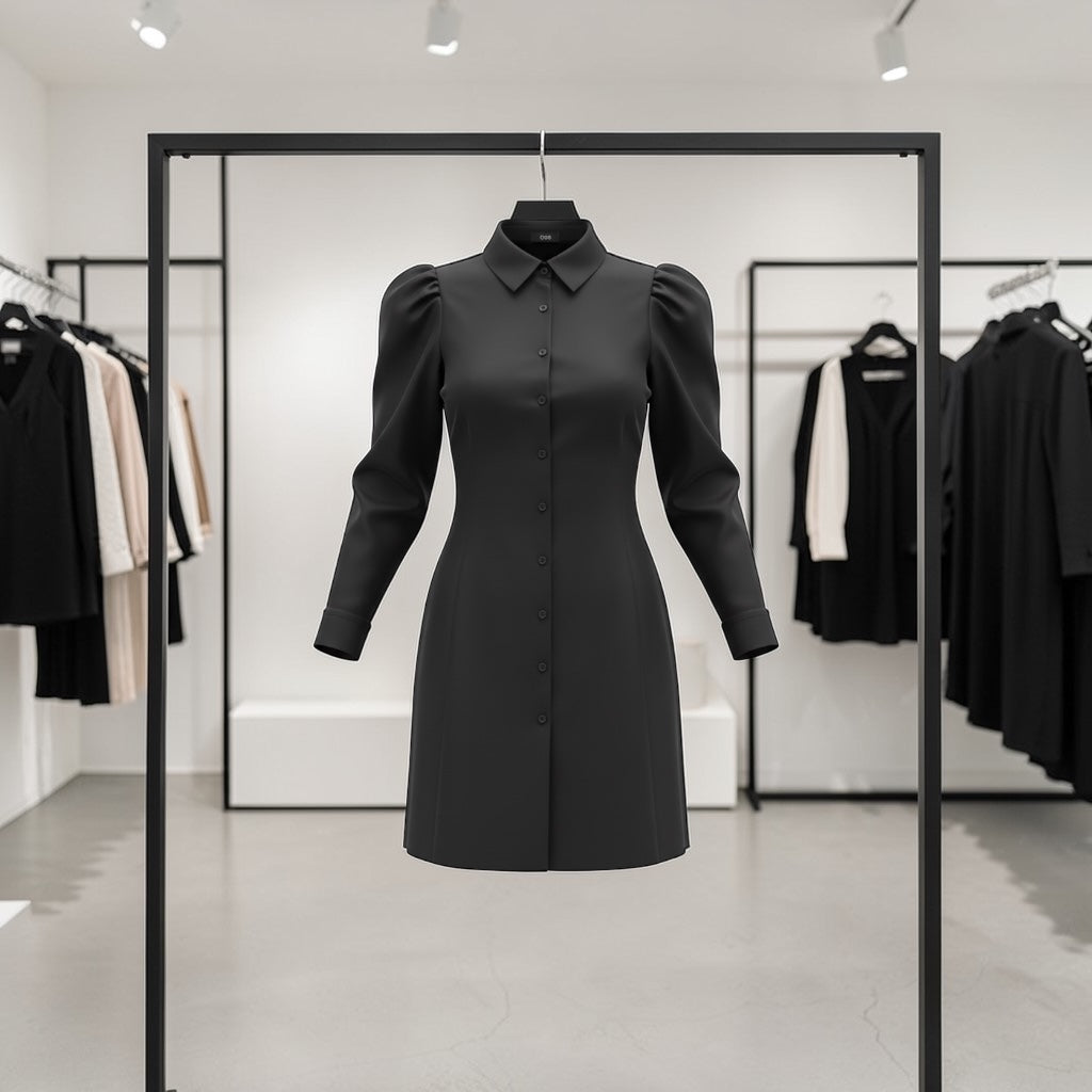 COS Puff Sleeve Shirt Mini Dress in Black