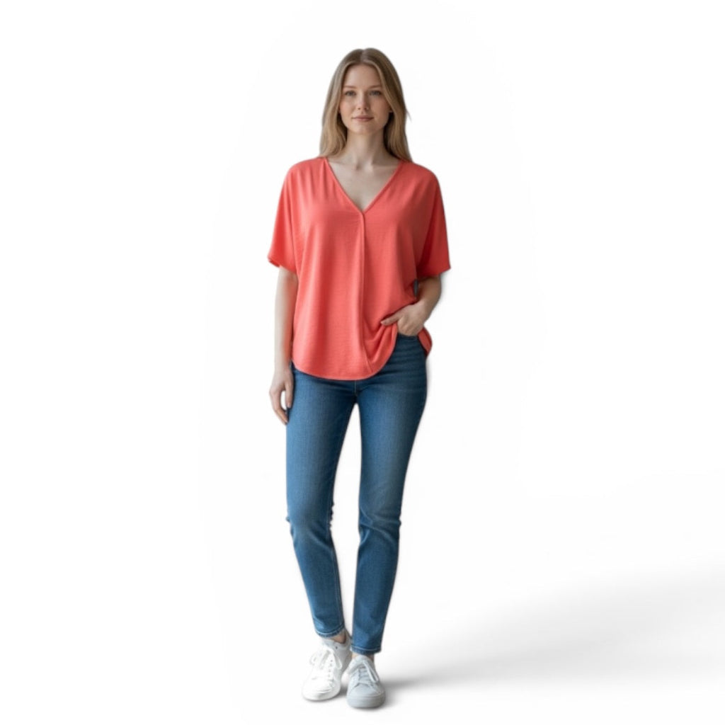 DKNY V-Neck Oversized Blouse Top in Coral