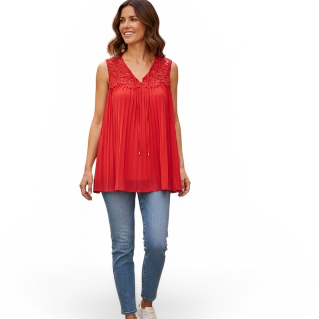 Ted Baker Floral Crochet Pleated Top in Red