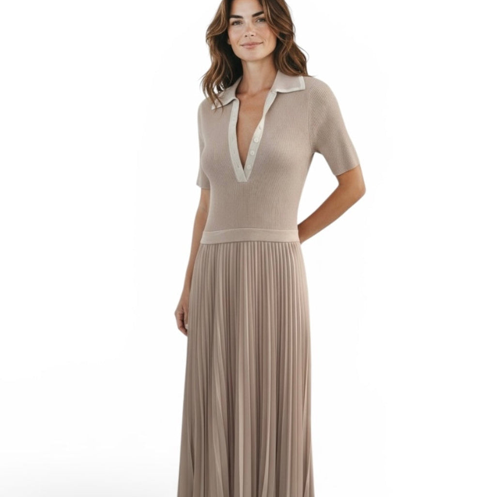 Evernew Polo Collar Pleated Midi Dress in Taupe
